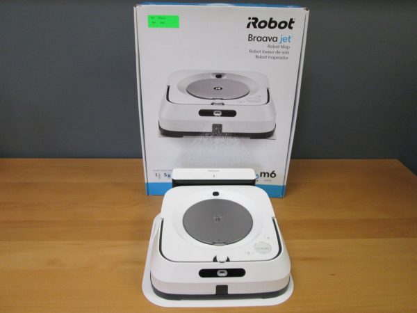 104JPG - Advanced Audio Resale Robot mop on a wooden table in front of its boxed packaging labeled 'iRobot Braava jet' with a green price sticker on the box.